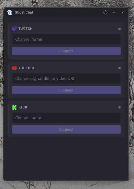 Ghost Chat home screen showing Twitch, YouTube, and Kick connection options